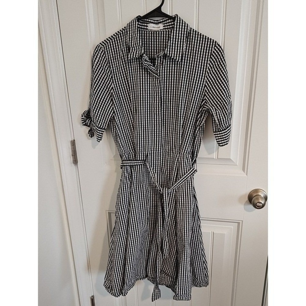 Calvin Klein Gingham Shirt Dress Black White Tie Sleeve Belted A-Line Size 6